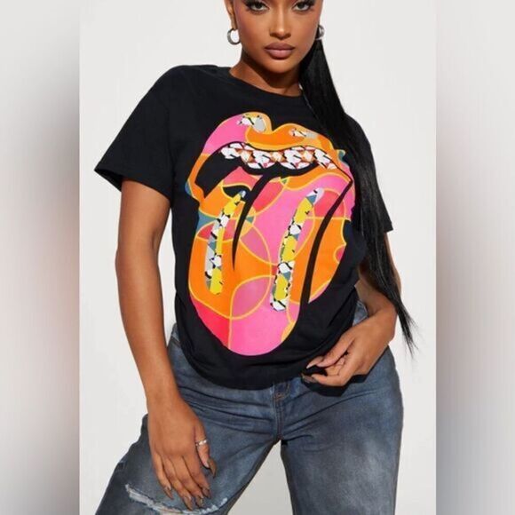 NWOT Rolling Stones Black Short Sleeve Graphic Tee Logo on Back - Size Small - Picture 1 of 6